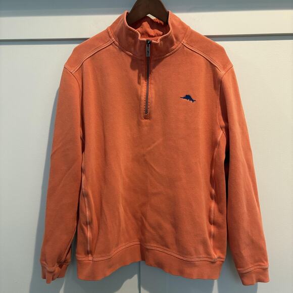 Tommy Bahama Sweater Mens Large Orange Cotton Quarter Zip Marlin Logo Pullover - Picture 1 of 13